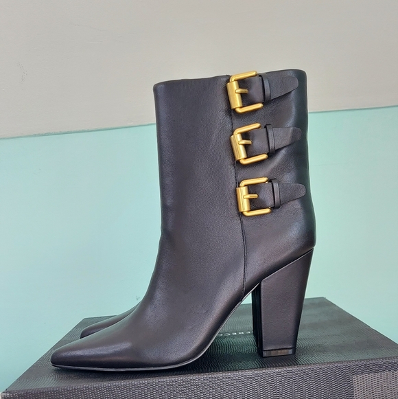 Rebecca Minkoff Black Ankle Boots with Gold Buckles - Picture 3 of 16